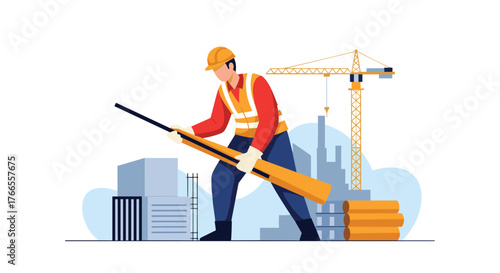 A construction worker in a hard hat and safety vest handles a heavy beam at a busy building site with cranes and new structures.