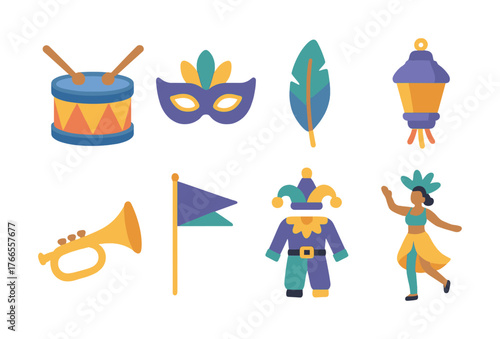 Vector Colorful mardi gras icons: mask, drum, feather, lantern, trumpet, flag, jester, dancer