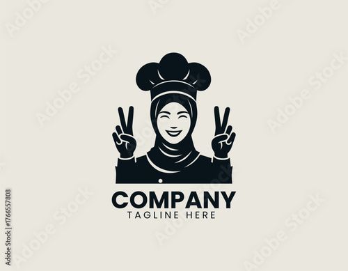 Cheerful cartoon Muslim woman chef illustration wearing brown hijab and pointing fingers upwards