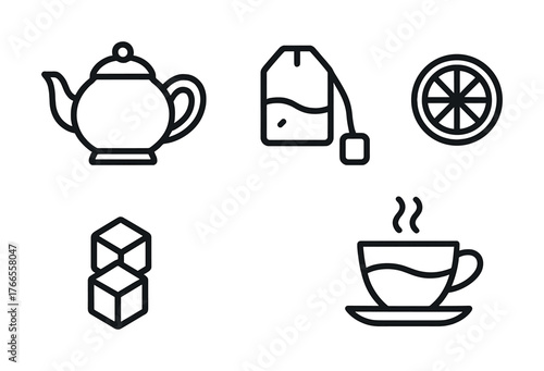 Vector Tea essentials icons set: teapot, tea bag, lemon, sugar cubes, cup