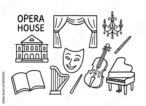 Vector Opera house icon set with musical instruments, theater mask, and building elements