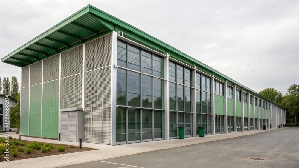 Obraz premium clean air initiative Modern building with green accents and large glass windows in a landscaped environment.