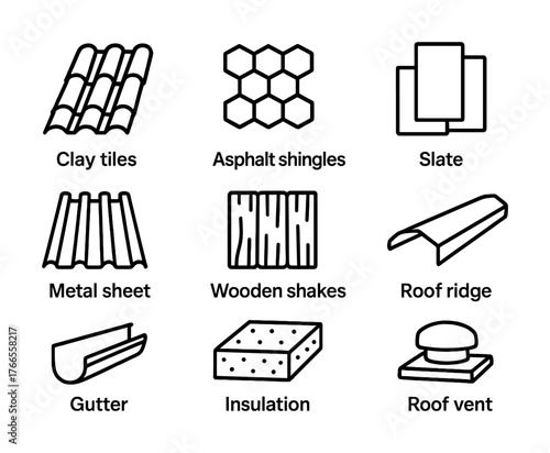 Vector Illustration of nine roofing materials: clay tiles, shingles, slate, metal, wood, and accessories