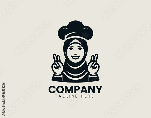 Cheerful cartoon Muslim woman chef illustration wearing brown hijab and pointing fingers upwards