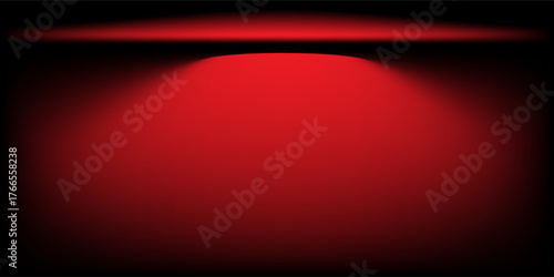 Smooth red and black studio background. Abstract limbo podium studio space. Dark red gradient wall floor and spotlights. Exhibition, promotional display. Vector stage mockup illustration.