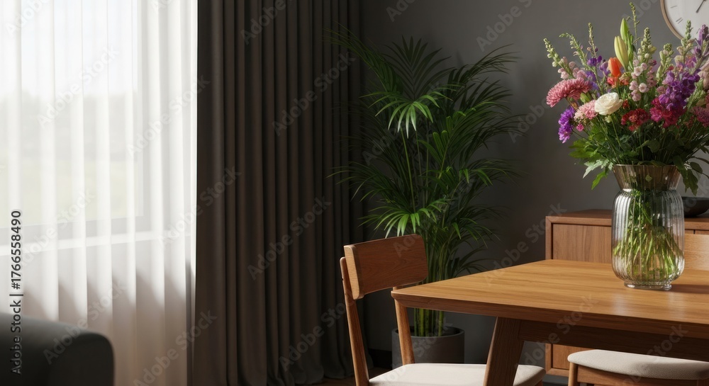 Fototapeta premium Interior scene with dining table, flowers, window, curtains, and a potted plant