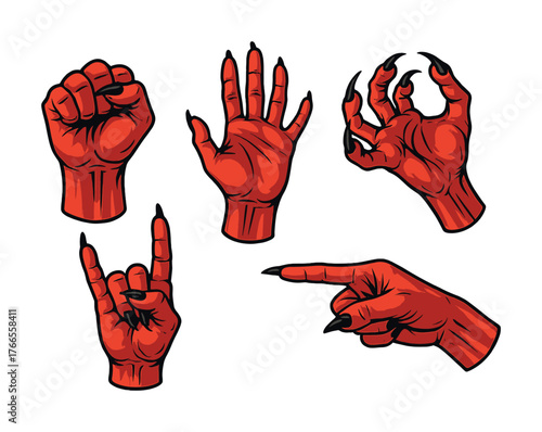 Vector Red demon hands showing various poses and gestures with black claws