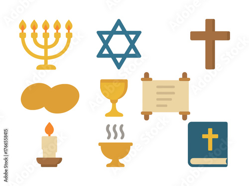 Vector Religious symbols: star of david, cross, menorah, communion cup, torah scroll, candle, bread