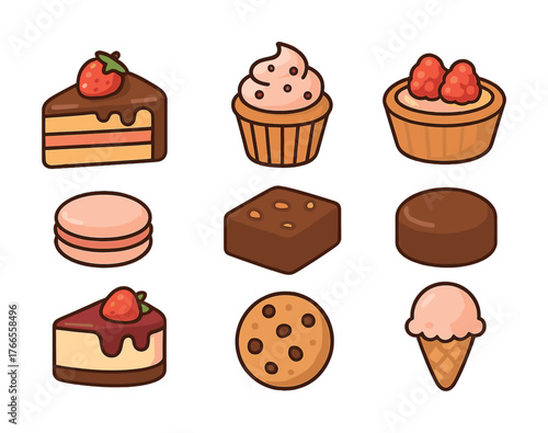 Vector Assorted desserts: cakes, cupcakes, cookies, macarons, and ice cream