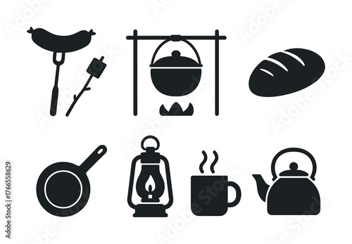 Vector Camping icon set: campfire, cooking pot, sausage, lantern, tea kettle, mug, and bread symbols
