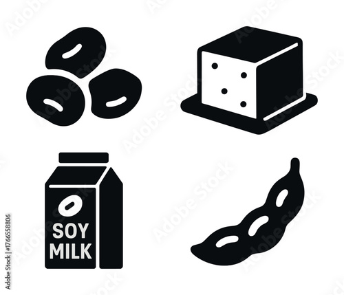 Vector Soy products: beans, tofu, milk, edamame silhouette icons
