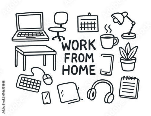 Vector Hand-drawn work from home essentials: laptop, desk, chair, calendar, coffee, lamp, plant, keyboard
