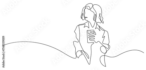 woman using phone looking sideway photoshoot pose one line drawing