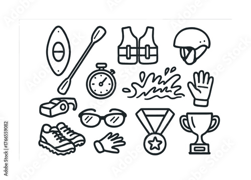 Vector Kayaking and outdoor adventure icons: helmet, life vest, paddle, trophy, stopwatch, sunglasses, splash, gloves, shoes