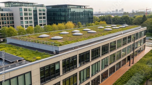 rainwater harvesting Green roof on a modern building surrounded by urban landscape and greenery.