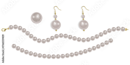 Pearl necklace isolated on white background, Beautiful vector image of strands of pearls