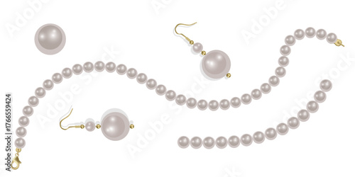 Pearl necklace isolated on white background, Beautiful vector image of strands of pearls