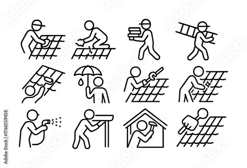 Vector Line icons of roofing activities: construction, maintenance, and safety symbols