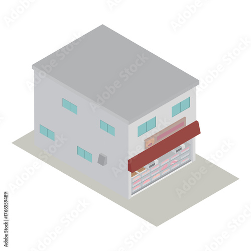 昔ながらの商店街にあるアイソメトリックの精肉店（肉屋）の建物・外観・ベクターイラスト