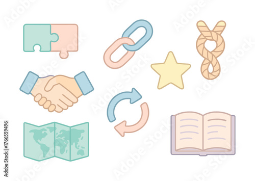 Vector Collection of collaboration symbols: puzzle, handshake, link, knot, map, star, book, arrows
