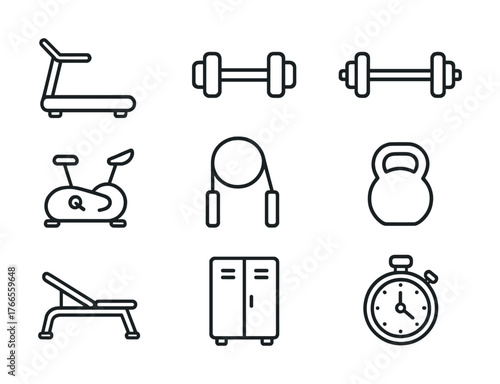 Vector Minimalist gym equipment icons set featuring treadmill dumbbells kettlebell stopwatch