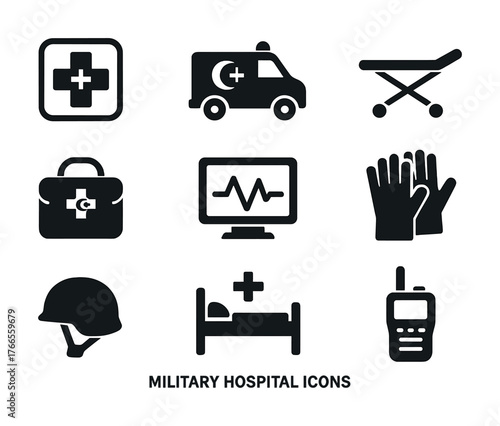 Vector Military hospital icons: ambulance, bed, helmet, medical equipment collection