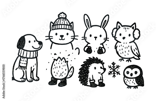 Vector Cute winter animals in warm clothing doodles: dog, cat, rabbit, owl, hedgehog
