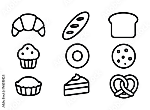 Vector Black and white bakery icons featuring bread, pastry, cake, and cookies