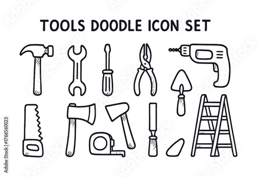 Vector Hand-drawn tools doodle icon set: hammer, wrench, screwdriver, pliers, drill