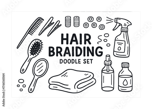 Vector Hair braiding doodle set with tools and products for salon and personal use