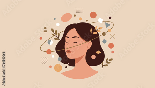 Serene woman with eyes closed surrounded by abstract shapes and nature elements,  evoking peace and introspection,  perfect for wellness and mindfulness themes., Adobe Illustrator Artwork