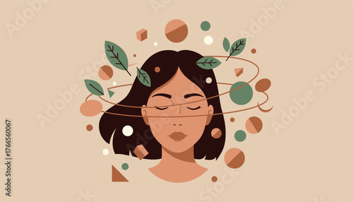 Serene woman finding inner peace and mindfulness amidst abstract nature elements,  promoting mental wellness and calm., Adobe Illustrator Artwork