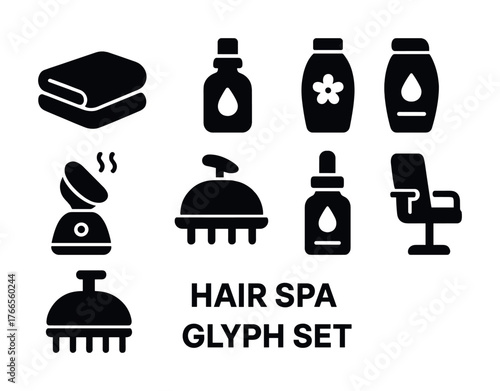 Vector Hair spa glyph icons: towels, oils, shampoos, steamers, brushes, salon chairs