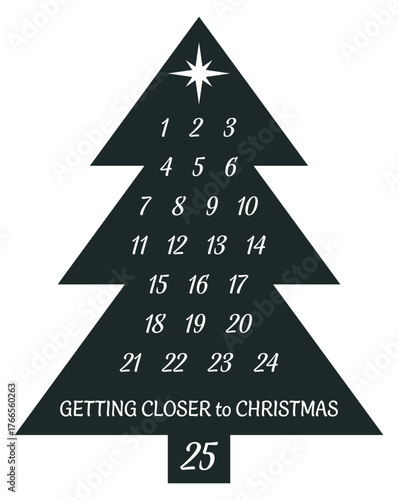Modern minimalist Christmas countdown Advent calendar in the shape of a Christmas tree with numbers and festive text. Perfect for holiday decor, greeting cards, posters, and digital prints. Vector.