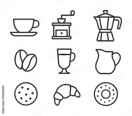 Vector Minimalist coffee icons: cup, grinder, moka pot, beans, glass, pitcher, cookie, croissant, donut