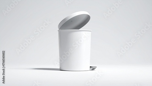 White cylindrical trash can with slightly domed open lid and foot pedal at base, placed against light gray background to emphasize modern hygienic design for household or office waste disposal.