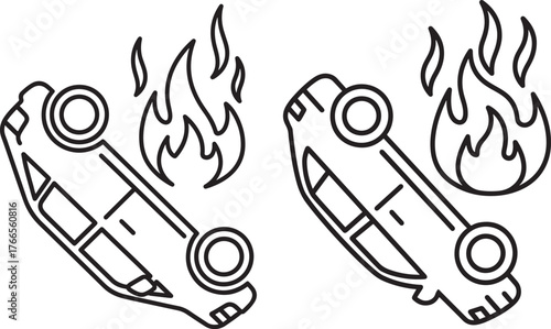 Two burning car silhouettes with flames