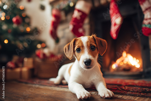 Adorable Jack Russell puppy resting near a fireplace decorated for Christmas, creating a cozy and festive atmosphere.