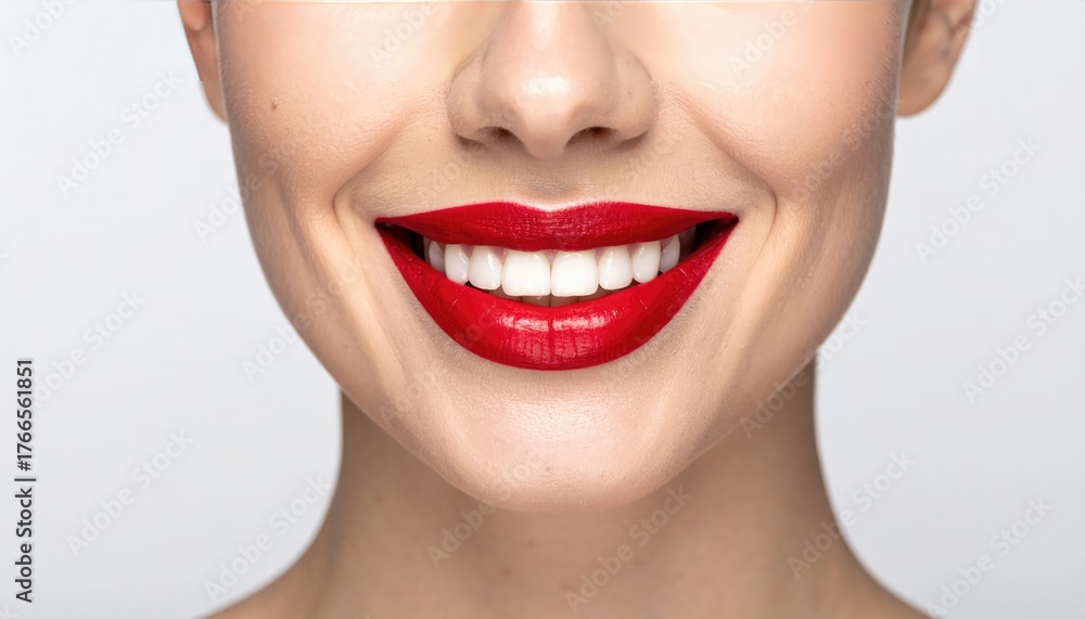 Obraz premium Radiant Red Smile: An intimate close-up of a woman's captivating smile, highlighting her perfectly aligned teeth and vibrant red lipstick. The image evokes feelings of confidence, beauty, and joy.