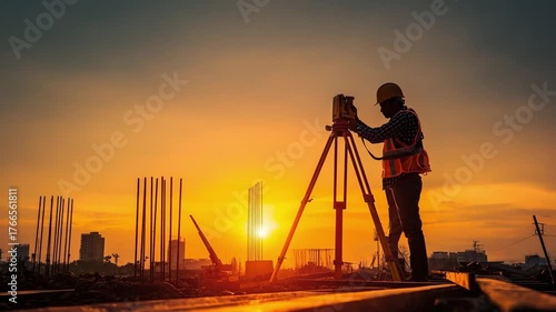A construction worker in a hard hat and safety vest sets up a tripod-mounted surveying instrument on a building site at sunset.