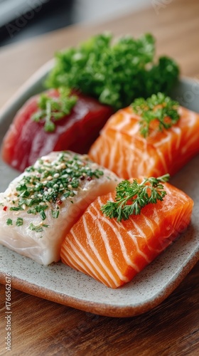 Close Up Of Four Slices Of Fresh Raw Fish Including Salmon And Tuna Garnished With Chopped Parsley And Chives On A Speckled Plate With A Blurred Wooden Background