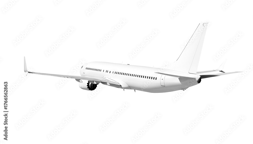 Obraz premium White airplane Boeing 737 Max 737-8 corner back view angle isolated on a transparent background. Modern passenger jet airplane.