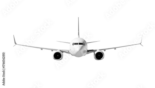 White airplane Boeing 737 Max 737-8 front view angle isolated on a transparent background. Modern passenger jet airplane.