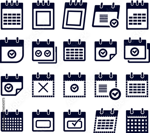 Calendar vector icon collection. Set of business calendar symbols. Meeting deadline schedule icon. Monthly, weekly and daily time management and appointment schedule.
