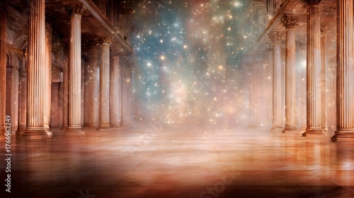 Ethereal grand hall with sparkling lights and majestic columns, creating a magical atmosphere for events