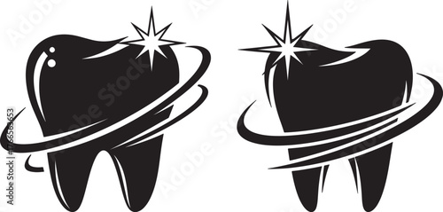 Two sparkling tooth silhouettes with swirls