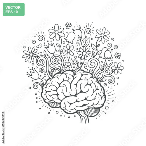 Human brain with creative thoughts and natural elements emerging