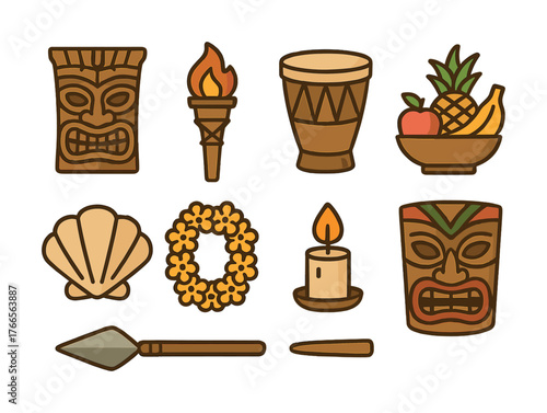 Vector Tiki icons collection: tribal mask, torch, drum, fruit bowl, shell, lei, candle, spear, tropical symbols
