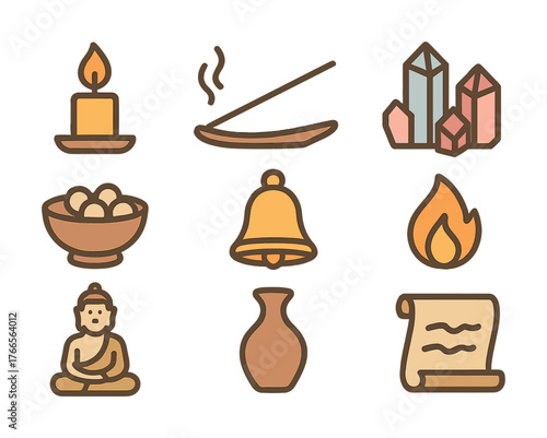 Vector Spiritual symbols and icons: candle, incense, crystals, bell, fire, buddha, vase, scroll