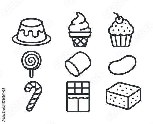 Vector Assorted dessert icons: pudding, ice cream, cupcake, lollipop, marshmallow, jelly bean, candy cane, chocolate, sponge cake